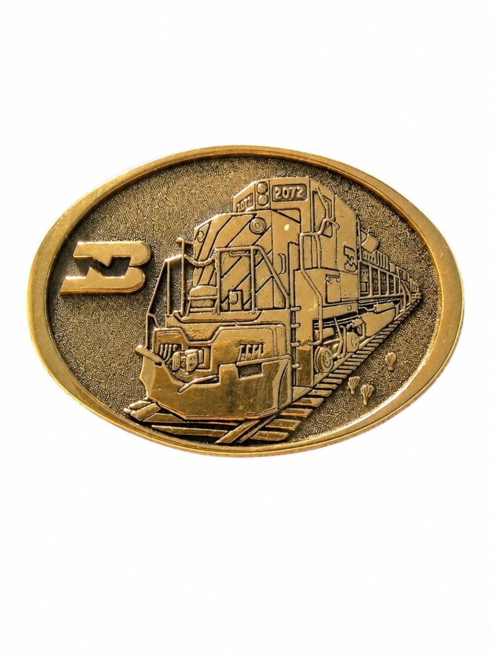 Solid Brass Belt Buckle Featuring Burlington Northern locomotive #2072